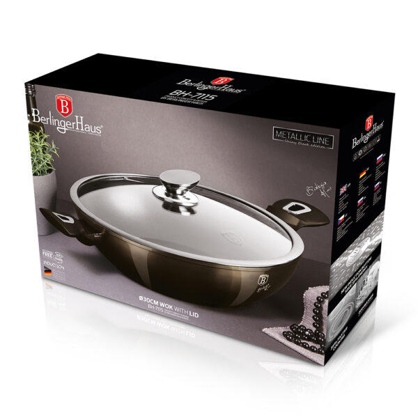 Wok keptuvė su dangčiu, 30 cm, "Metallic Line Shiny Black Edition-Berlinger Haus-BH-7115-13